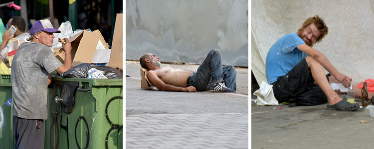 Three pictures of men living on the streets in Israel